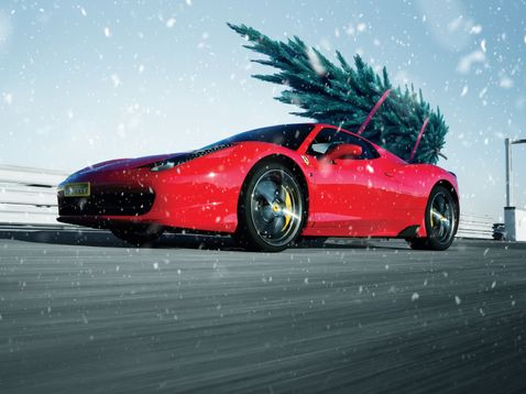 Red Ferrari with a Christmas Tree