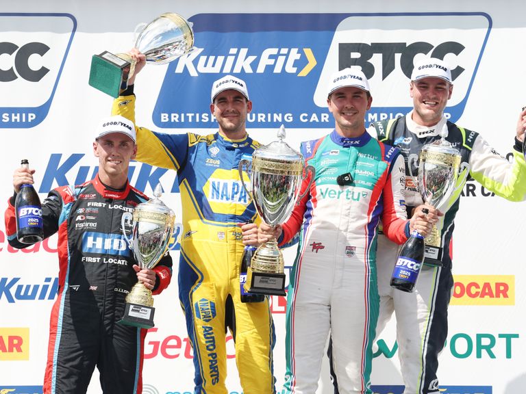 BTCC drivers on the Croft podium with trophies in hand