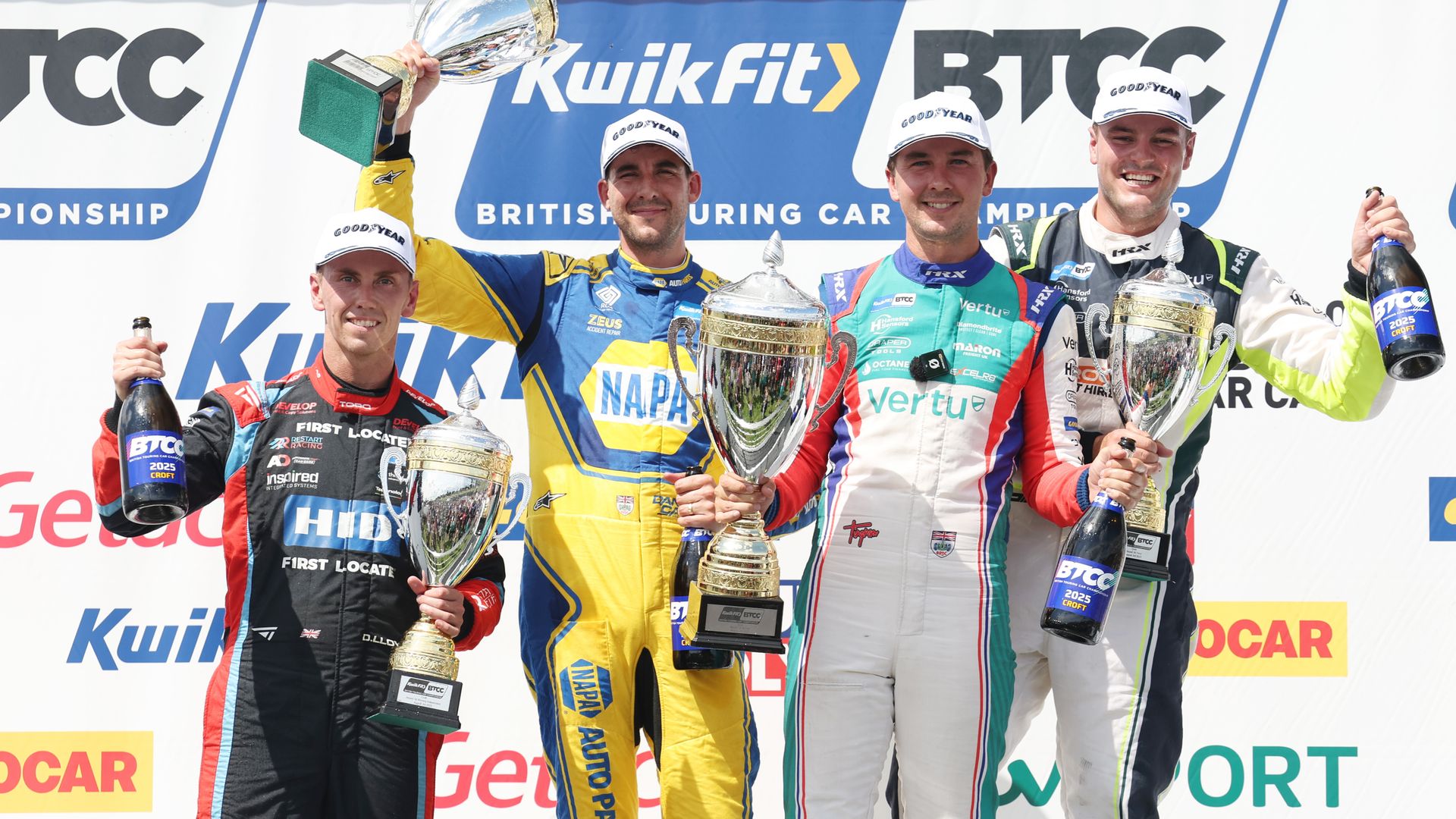 BTCC drivers on the Croft podium with trophies in hand