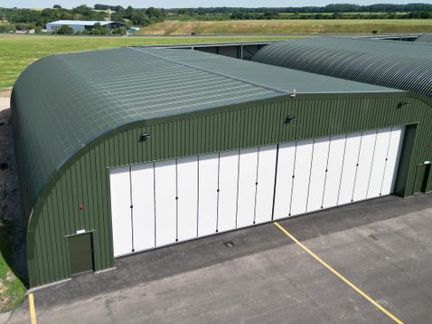 Closed hangar with sliding doors at Thruxton Airfield
